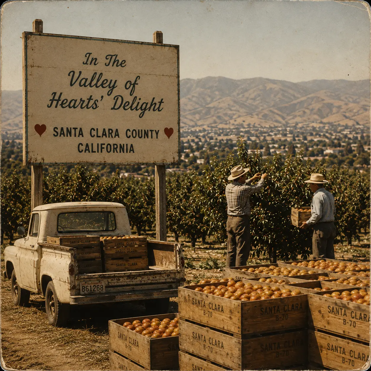 A vintage sign reading In The Valley of Hearts' Delight, Santa Clara County California, with workers crating fruit in the orchard